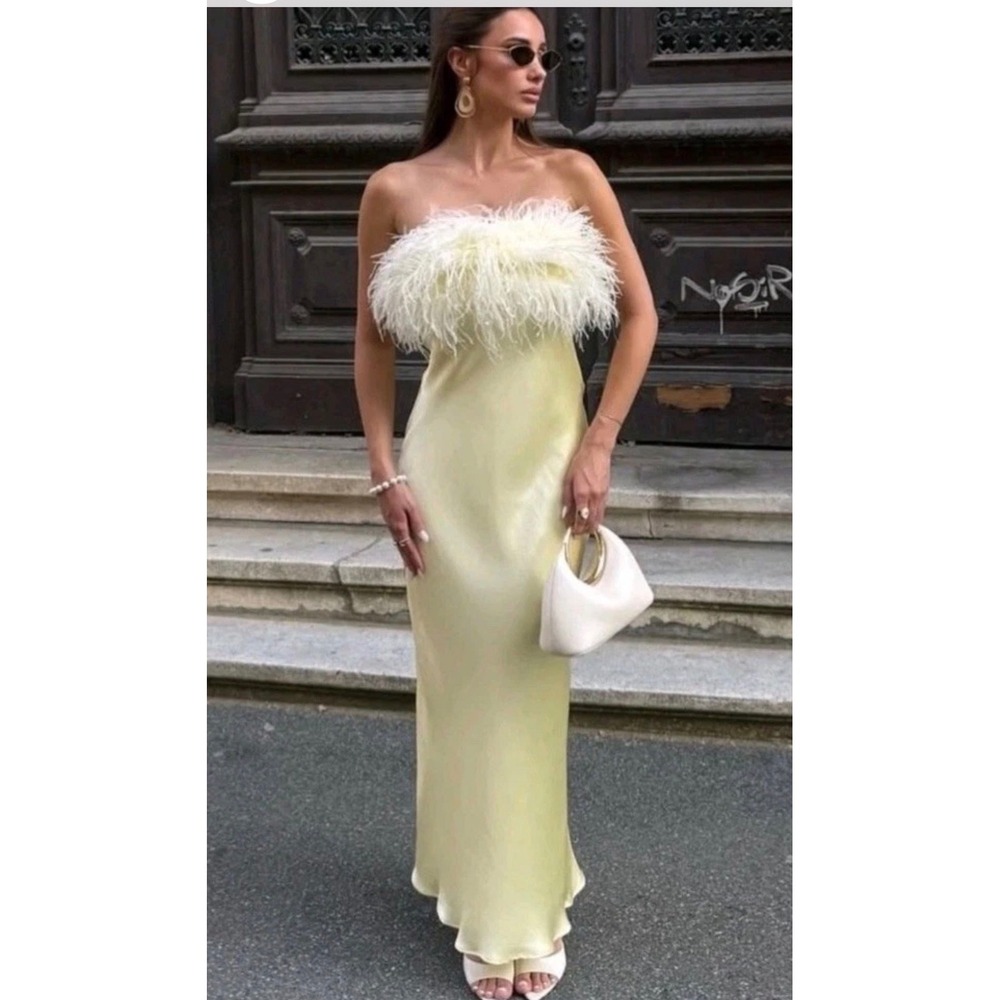 Zara Feather Trim Satin Midi Dress Medium Yellow Strapless Party wedding new - Picture 15 of 15
